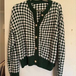 Green and White Houndstooth Women's Sweater